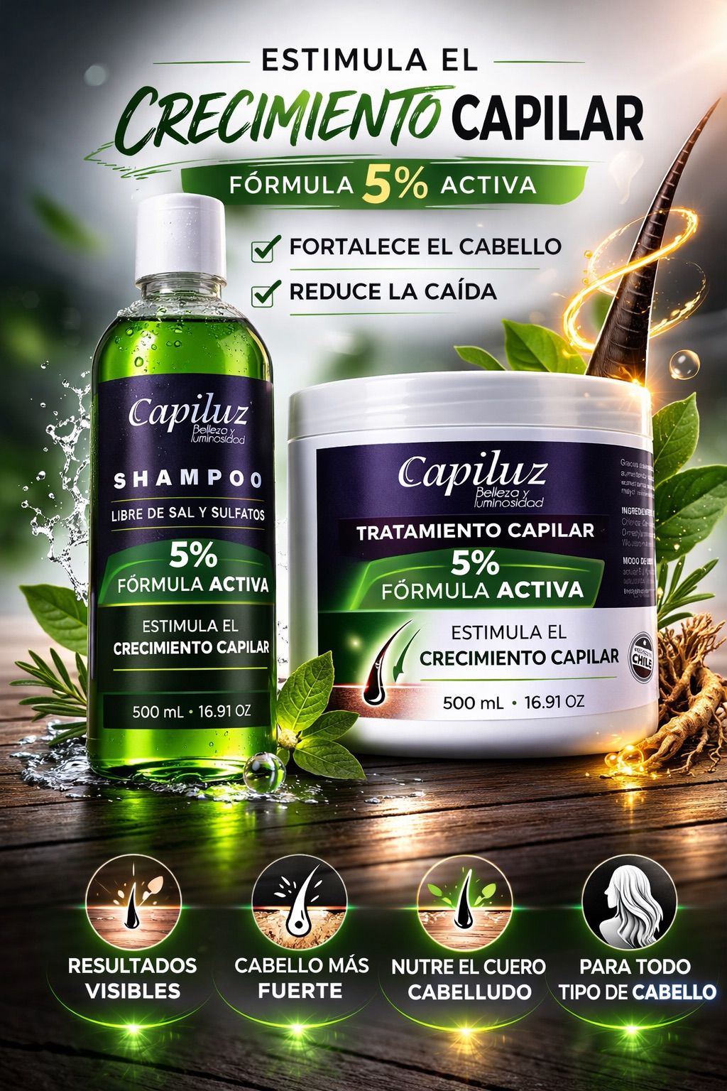 Shampoo + Tratamiento Capilar 5% Fórmula Activa | Fortalece, Nutre y Estimula el Crecimiento del Cabello | 500 ml