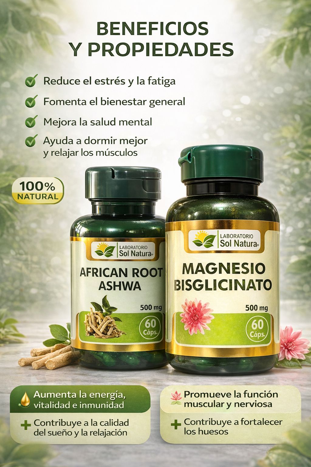 Pack Bienestar Natural Ashwagandha + Magnesio Bisglicinato 500 mg | Energía, Relajación y Apoyo al Descanso