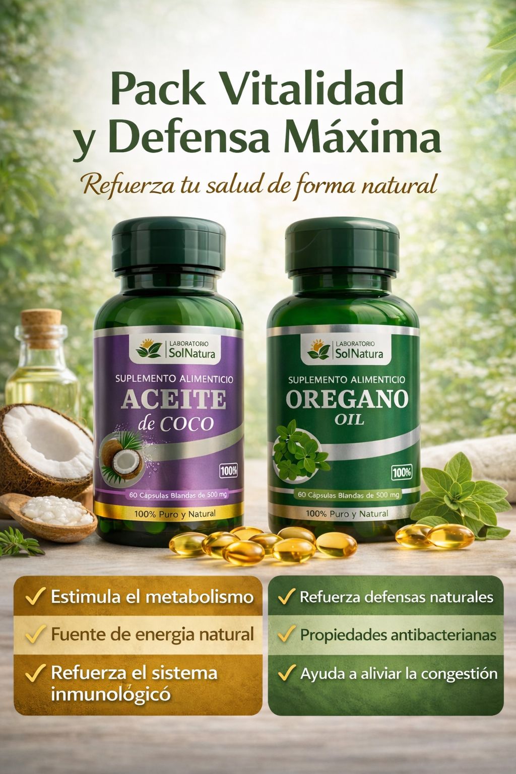 Pack Vitalidad y Defensa Natural: Aceite de Orégano + Aceite de Coco Sol Natura (120 Cápsulas Blandas)